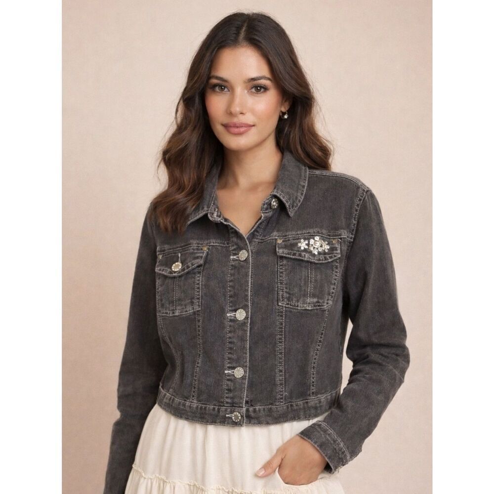 Baccini Charcoal Denim Jacket with Embellished Buttons